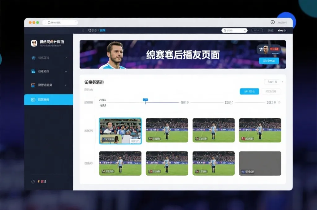 比赛结束后，电视屏幕展示集锦回放页面，旁边有时间轴和多角度切换提示